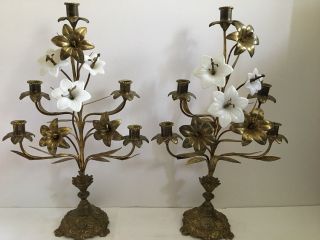 Antique Gilt Metal Floral Candelabra H 21”