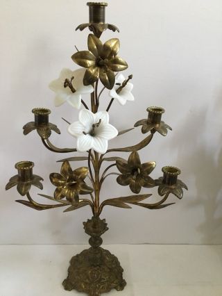 Antique Gilt Metal Floral Candelabra H 21” 5