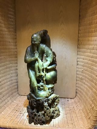 Antique Chinese Olive Green Jade Fisherman
