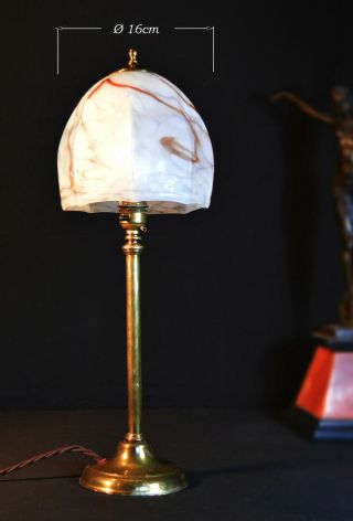 Vintage Edwardian 1910 Cast Brass Desk Lamp Art Deco Marbled Opaline Glass Shade