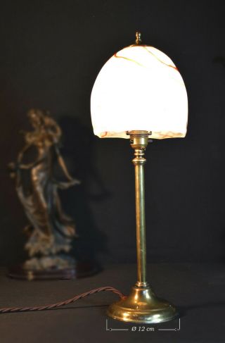 Vintage Edwardian 1910 cast brass desk lamp art deco marbled opaline glass shade 2