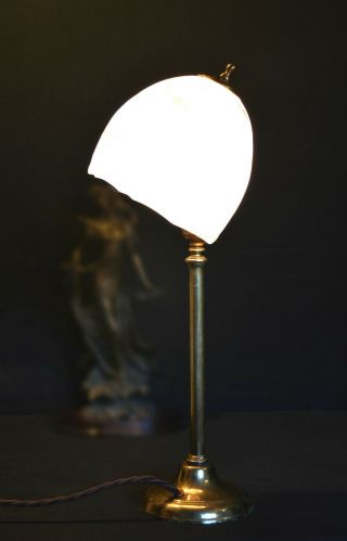 Vintage Edwardian 1910 cast brass desk lamp art deco marbled opaline glass shade 4