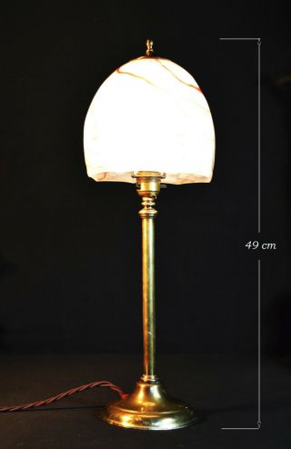 Vintage Edwardian 1910 cast brass desk lamp art deco marbled opaline glass shade 5