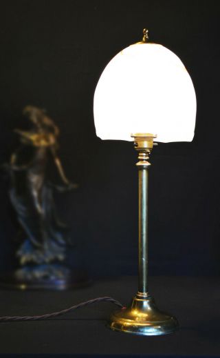 Vintage Edwardian 1910 cast brass desk lamp art deco marbled opaline glass shade 7