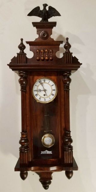 Antique 8 Day Vienna Regulator Wall Clock Eagle Top Walnut Veneer 41 Inch