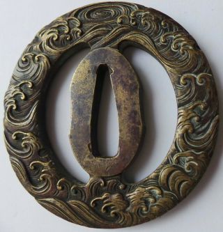 19th Century Japanese Brass Tsuba - Open Frame With Great Wave Style Decoration