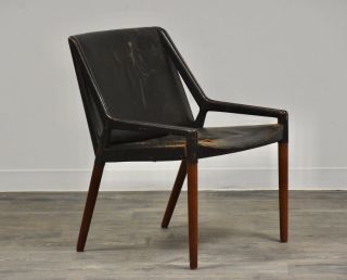 Sculptural Black Leather and Walnut Lounge Chair Danish Mid Century Modern 10
