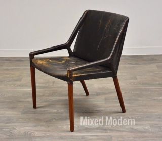Sculptural Black Leather And Walnut Lounge Chair Danish Mid Century Modern