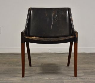 Sculptural Black Leather and Walnut Lounge Chair Danish Mid Century Modern 2