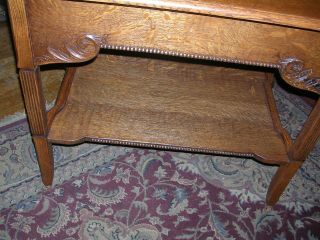 very fine antique quartersawn oak library table fluted legs wonderful carvings 11