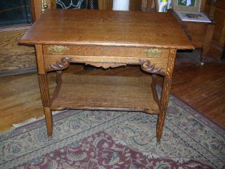 Very Fine Antique Quartersawn Oak Library Table Fluted Legs Wonderful Carvings