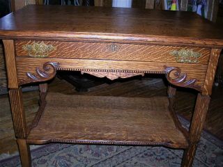 very fine antique quartersawn oak library table fluted legs wonderful carvings 2