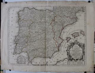 Spain Portugal Gibraltar 1740 Nolin Large Unusual Antique Copper Engraved Map