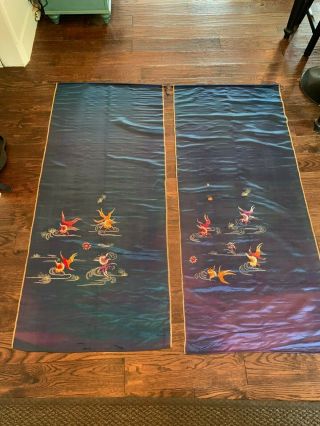 Antique Chinese Silk Embroidery Koi Fish Wall Hangings Pair