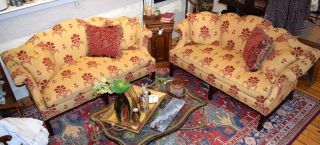 Pair - Southwood Mahogany Chippendale Style Upholstered Sofas -