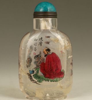 Antique Old Bodhidharma Crystal Inside Hand Painting Buddha Statue Snuff Bottle
