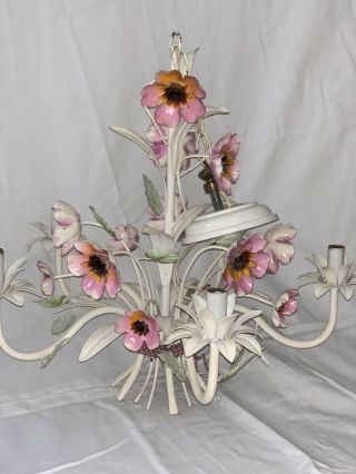 French Country Vtg Mid - Century White Metal Chandelier Light Flowers