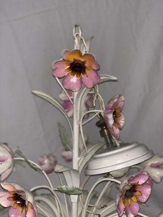 FRENCH Country VTG MID - CENTURY WHITE Metal Chandelier LIGHT Flowers 2