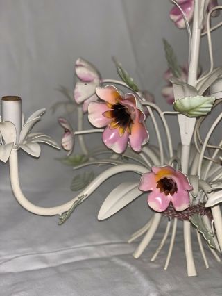 FRENCH Country VTG MID - CENTURY WHITE Metal Chandelier LIGHT Flowers 3
