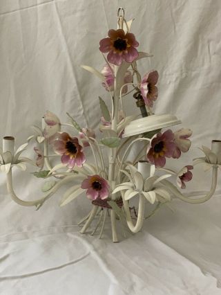 FRENCH Country VTG MID - CENTURY WHITE Metal Chandelier LIGHT Flowers 5