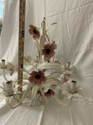 FRENCH Country VTG MID - CENTURY WHITE Metal Chandelier LIGHT Flowers 6
