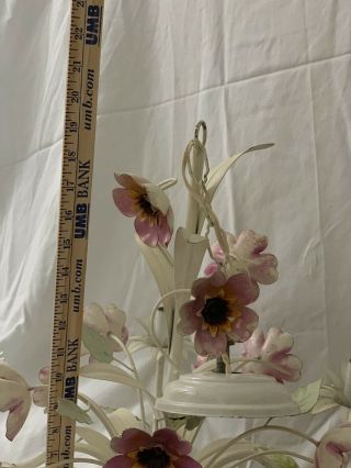 FRENCH Country VTG MID - CENTURY WHITE Metal Chandelier LIGHT Flowers 7