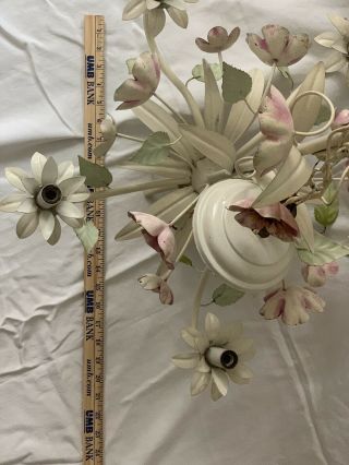 FRENCH Country VTG MID - CENTURY WHITE Metal Chandelier LIGHT Flowers 8