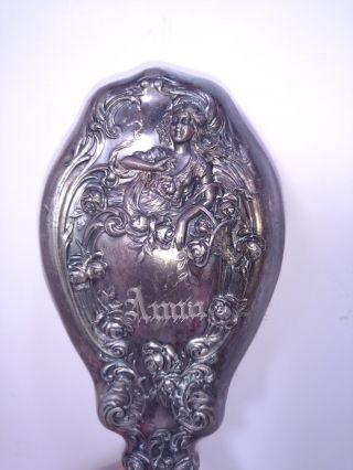 Art Nouveau Silver plate Derby Silver co.  Figural & Floral decorated hair brush 2