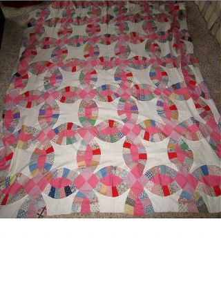 Vintage Hand - Stitched Wedding Ring Quilt Top Only - 96 " X 83 " - Pink & Feedsacks
