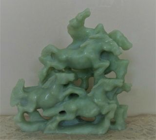Antique Chinese Export Carved Green Soapstone Horses Statue Asian