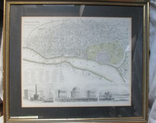 Antique Map Of Calcutta,  Hand - Coloured,  With Illustrations Of Buildings,  1842