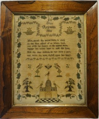 Early 19th Century Temple,  Motif & Verse Sampler By Eliza Reynolds - 1836