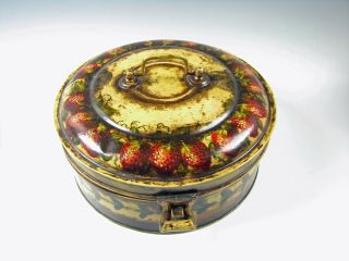 Peter Ompir Hand Painted Tole Decorated Tin Folk Art Round Box W/strawberries