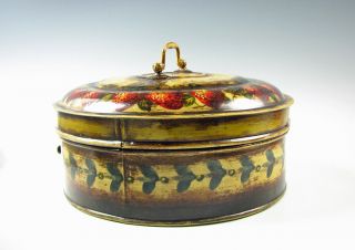 Peter Ompir Hand Painted Tole decorated Tin Folk Art Round Box w/Strawberries 3