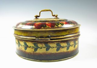 Peter Ompir Hand Painted Tole decorated Tin Folk Art Round Box w/Strawberries 4