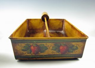 Peter Ompir Hand Painted Tole decorated Tin Folk Art Cutlery Tray w/Strawberries 4