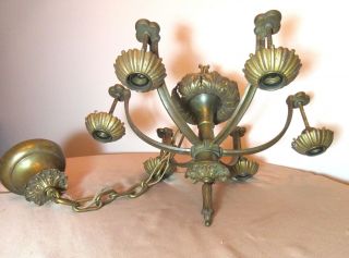 Antique Ornate Gilt Bronze Brass 6 Arm Electric Ceiling Chandelier Fixture