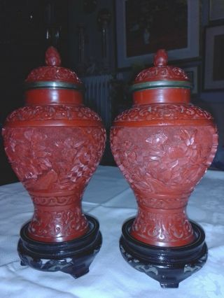 Rare 2 Antique Chinese Cinnabar Lacquer Mirror Pair Vases 18cm/7.  08inches,  Bases