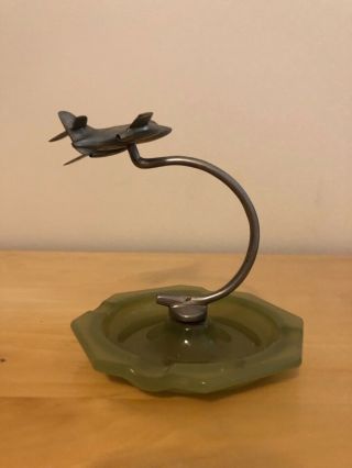 Art Deco,  Connie Airplane With Green Glass Ashtray (5 1/2 Inches)