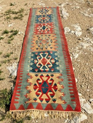 Turkish Kilim Hallway Long Runner 2x10 Navajo Wool Rug Geometric Hand Woven Red