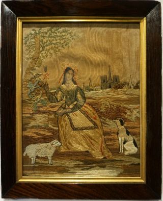 Early 19th Century Silk Work Of A Shepherdess With Her Dog & Sheep - C.  1820