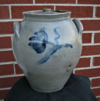 Antique Primitive Blue Cobalt Decorated Stoneware Crock/jug - 1gl Ovoid With Lid