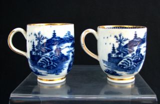 Pair Antique Worcester Caughley Blue & White Coffee Cans Fisherman & Cormorant