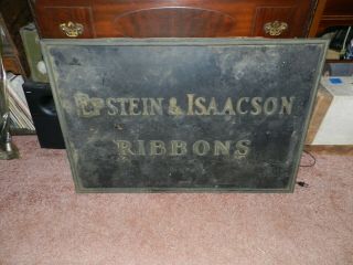 Big Antique Pressed Tin Advertising Sign Raised Letters Epstein Isaacson Ribbons