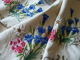 Vintage Hand Embroidered Tablecloth/ Exquisite Assorted Bouquets - Stunning