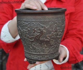 Chinese Yixing Zisha Pottery Carved 4 God Beast Bonsai Potted Plants Flower Pot