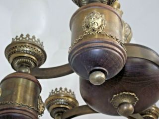 French Antique 6 Arm Bronze Wood & Glass Oil Lantern Lion Head Chandelier 1214 10