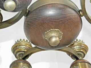 French Antique 6 Arm Bronze Wood & Glass Oil Lantern Lion Head Chandelier 1214 11