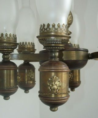 French Antique 6 Arm Bronze Wood & Glass Oil Lantern Lion Head Chandelier 1214 6