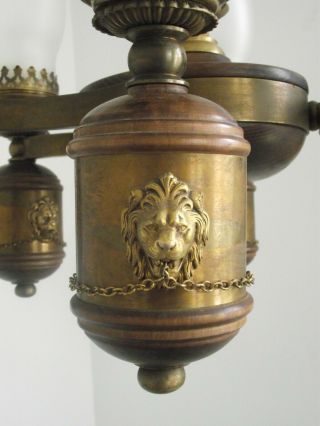 French Antique 6 Arm Bronze Wood & Glass Oil Lantern Lion Head Chandelier 1214 7